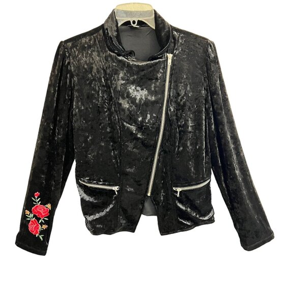 Disney Coco Junior Teen XL Moto Jacket Black Velvet Velour Rose Embroidered - Picture 8 of 13